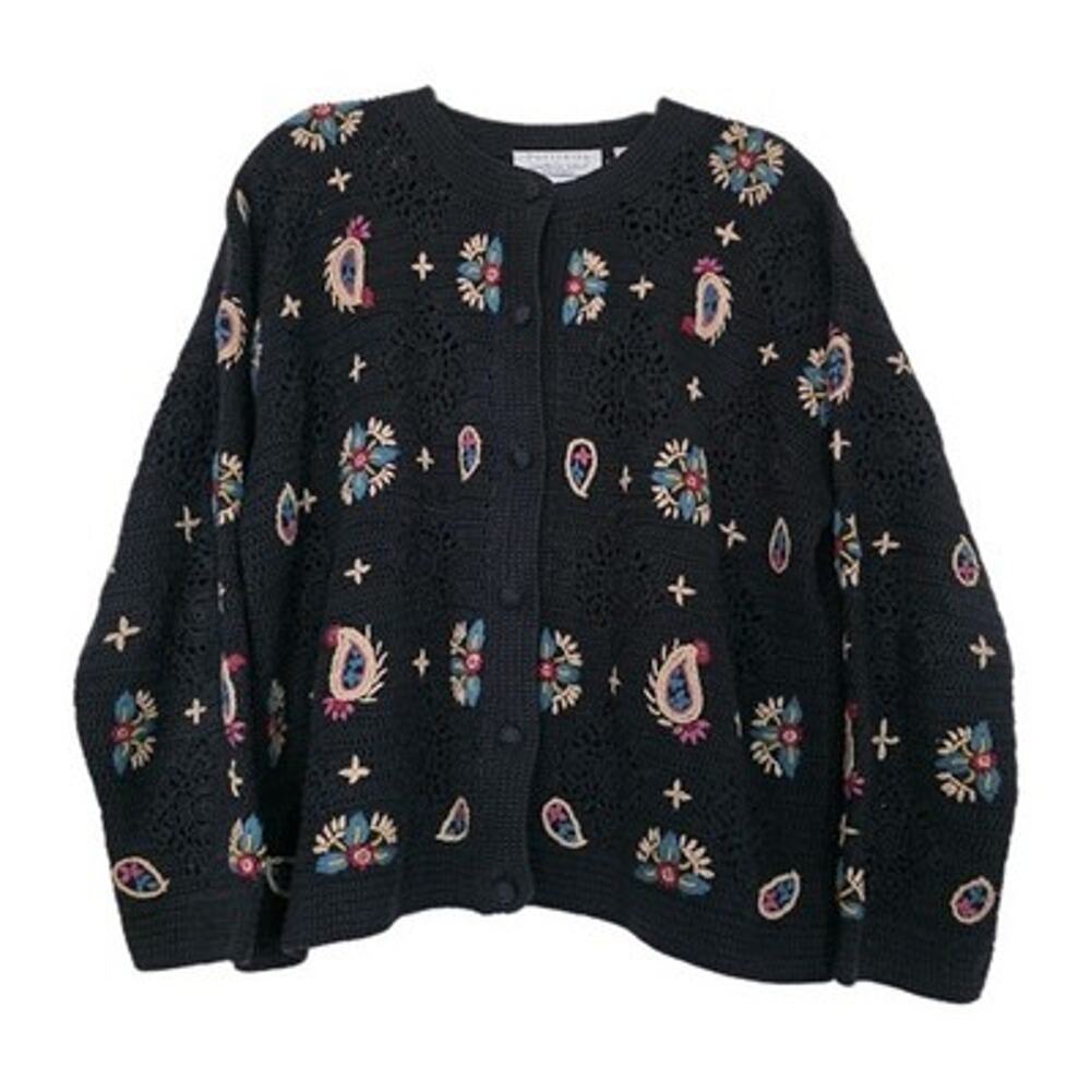 Vtg Crochet Embroidered Paisley Knit Cardigan Women XL Cottagecore Artsy Sweater